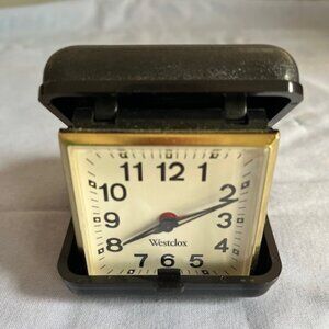 Vintage Westclox Wind Travel Alarm Clock Folding Black Hard Plastic Case Works